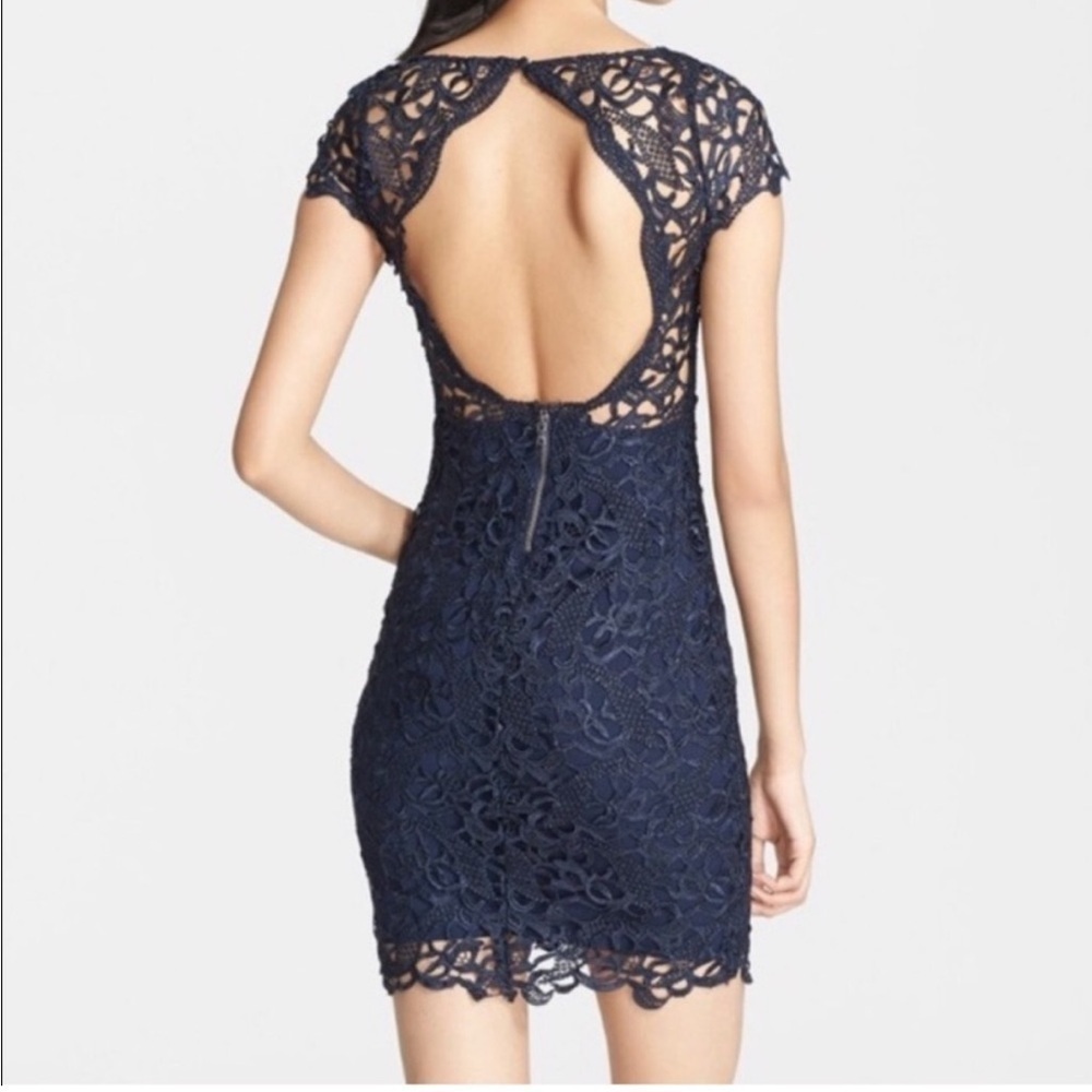 Alice + Olivia Clover Navy Open Back Lace Dress